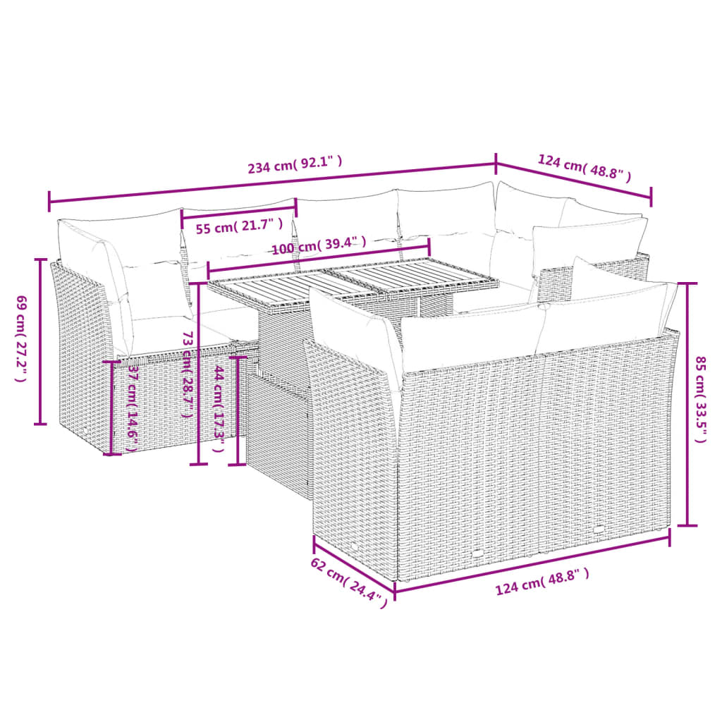 vidaXL 8-delige Loungeset met kussens poly rattan beige afbeelding