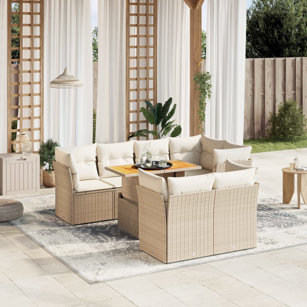 vidaXL 8-tlg. Garten-Sofagarnitur mit Kissen Beige Poly Rattan