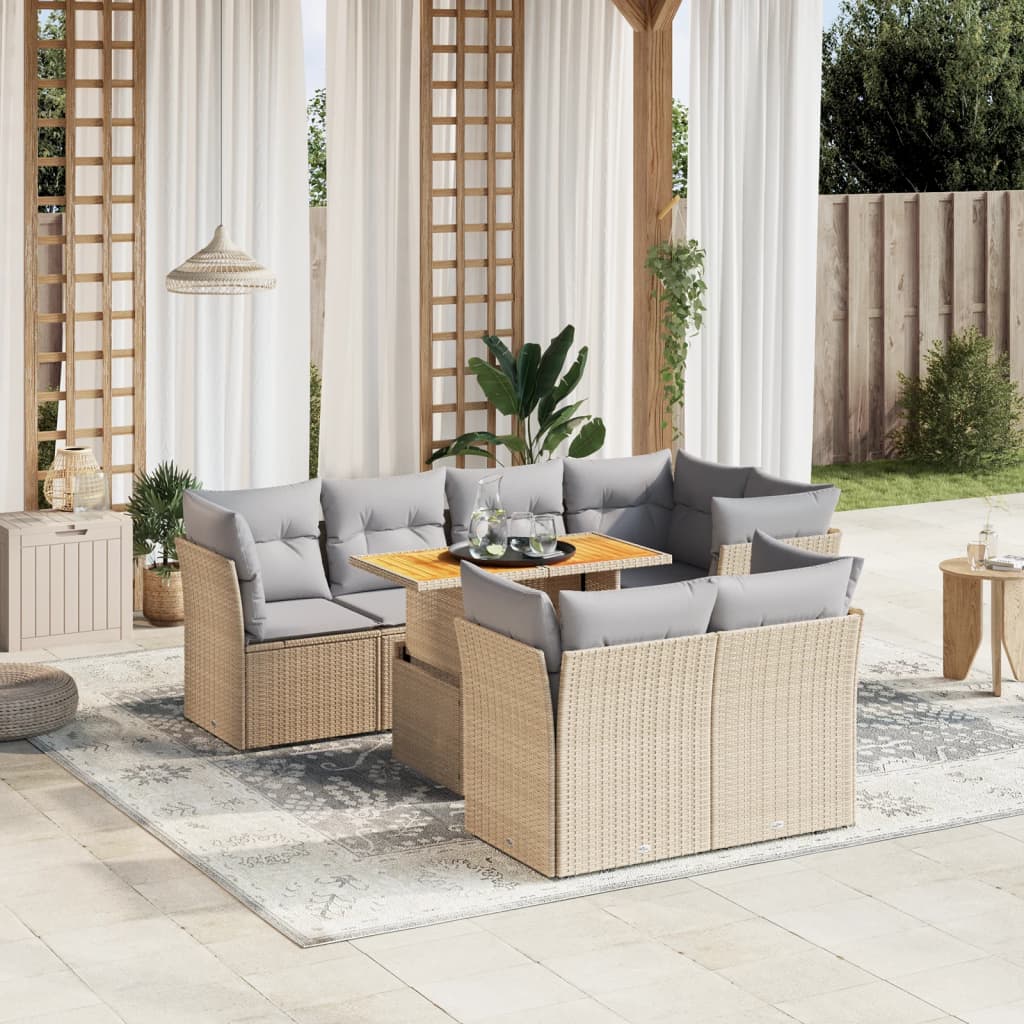 vidaXL 8-tlg. Garten-Sofagarnitur mit Kissen Beige Poly Rattan