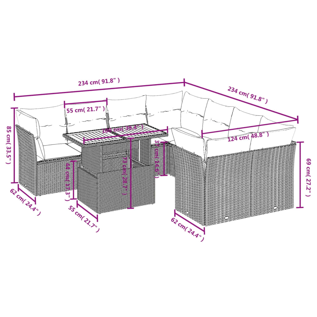 vidaXL 9-delige Loungeset met kussens poly rattan zwart afbeelding