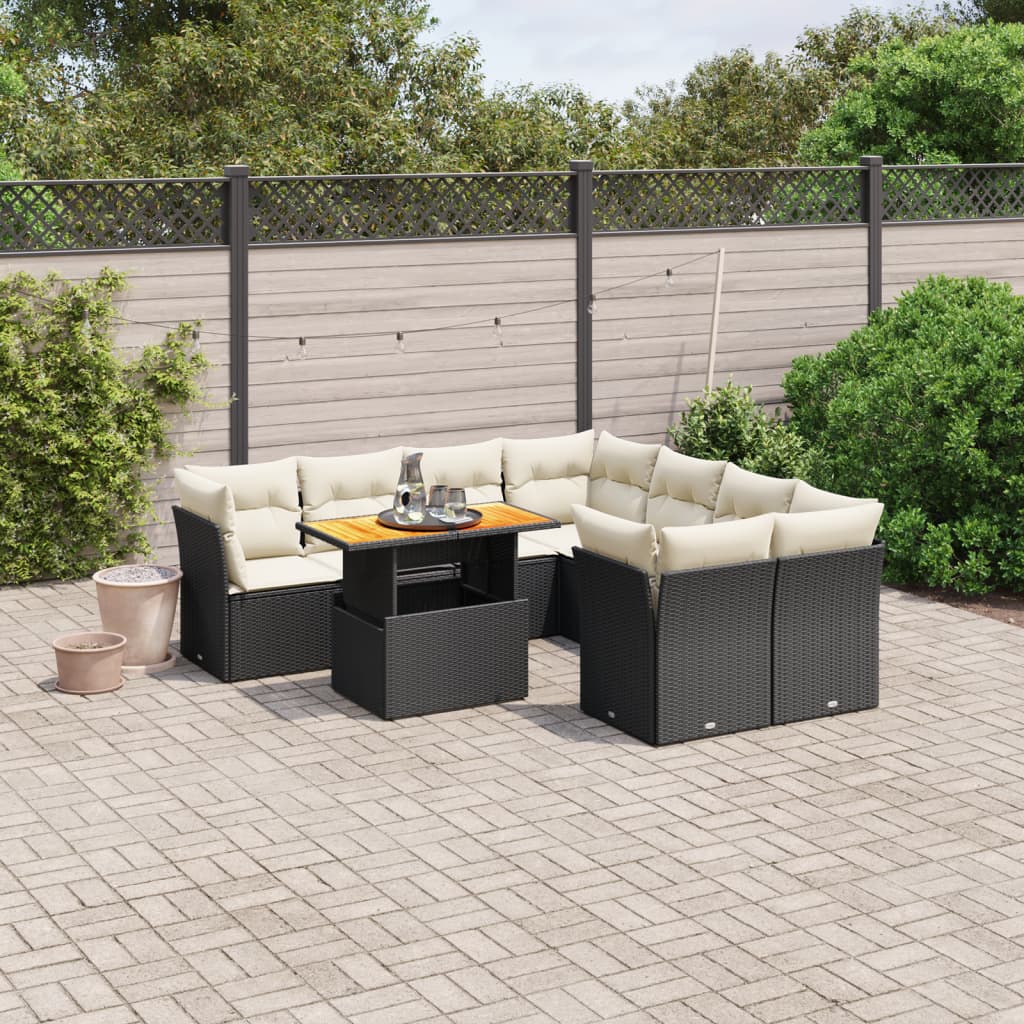 vidaXL 9-tlg. Garten-Sofagarnitur mit Kissen Schwarz Poly Rattan