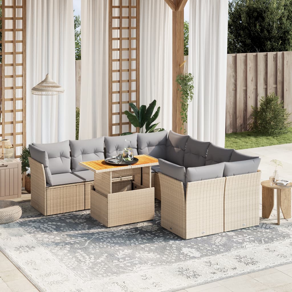 vidaXL 9-tlg. Garten-Sofagarnitur mit Kissen Beige Poly Rattan