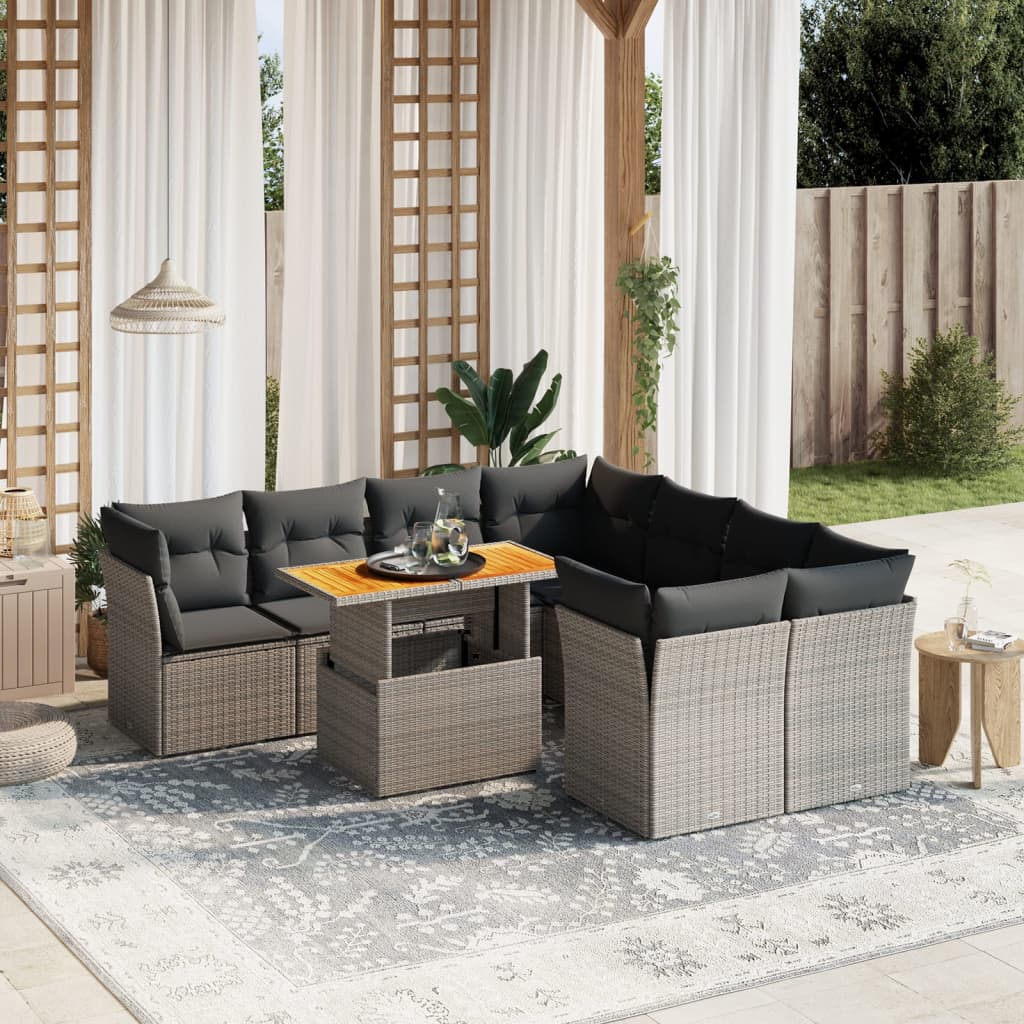 vidaXL 9-tlg. Garten-Sofagarnitur mit Kissen Grau Poly Rattan