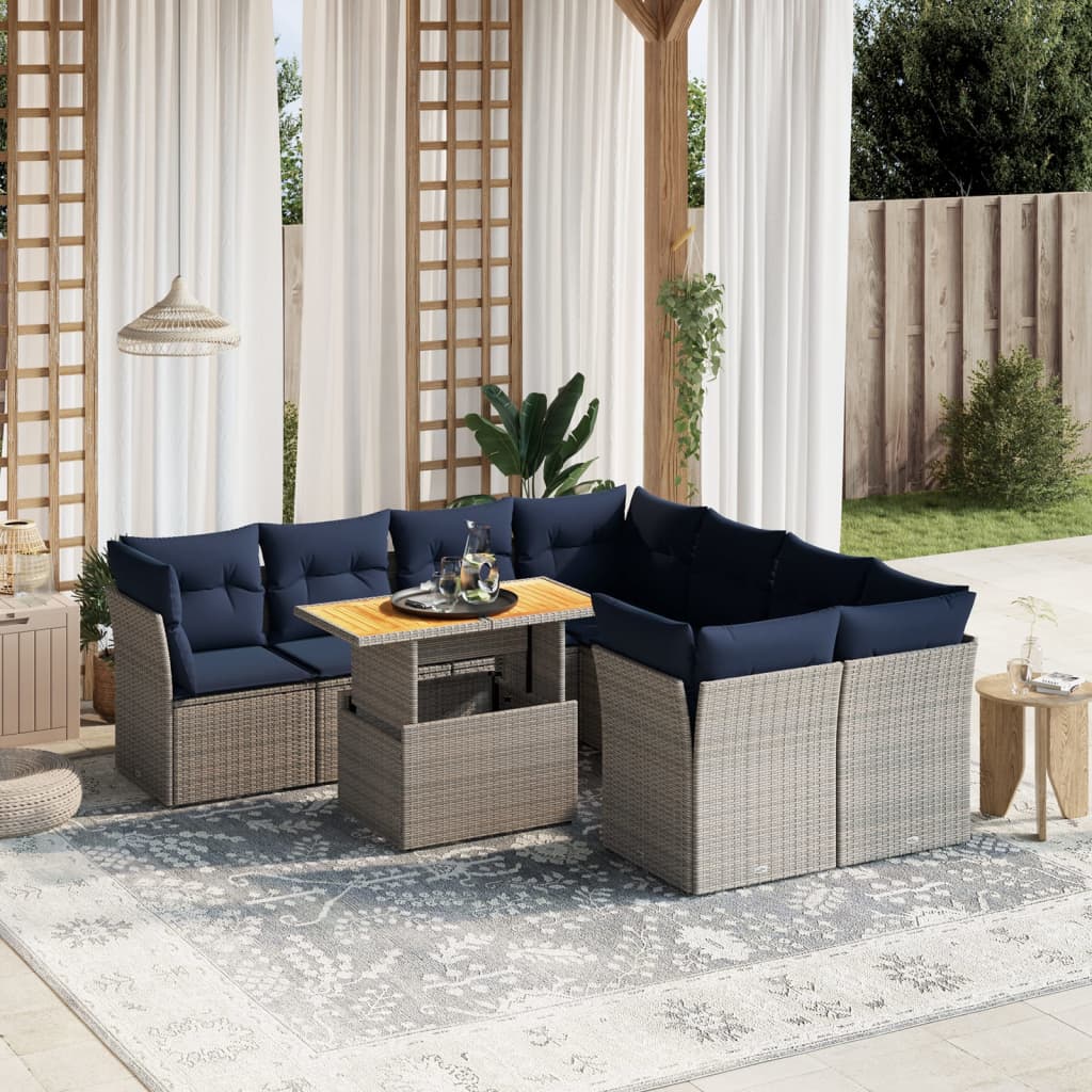 9 Piece Patio Sofa Set with Cushions Gray Poly Rattan