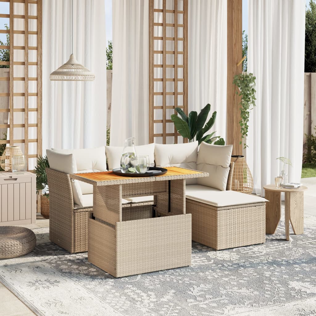 vidaXL 6-tlg. Garten-Sofagarnitur mit Kissen Beige Poly Rattan