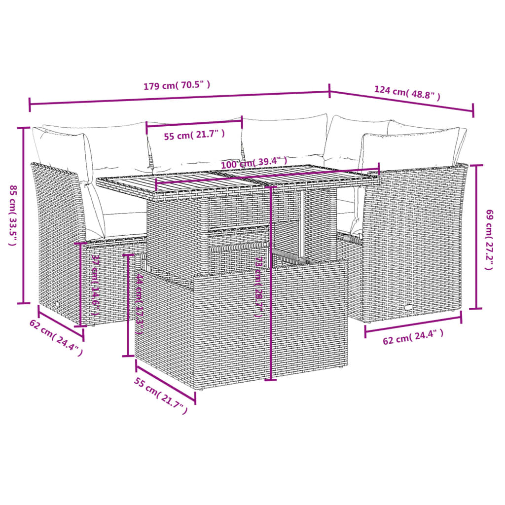 vidaXL 5-delige Loungeset met kussens poly rattan zwart afbeelding