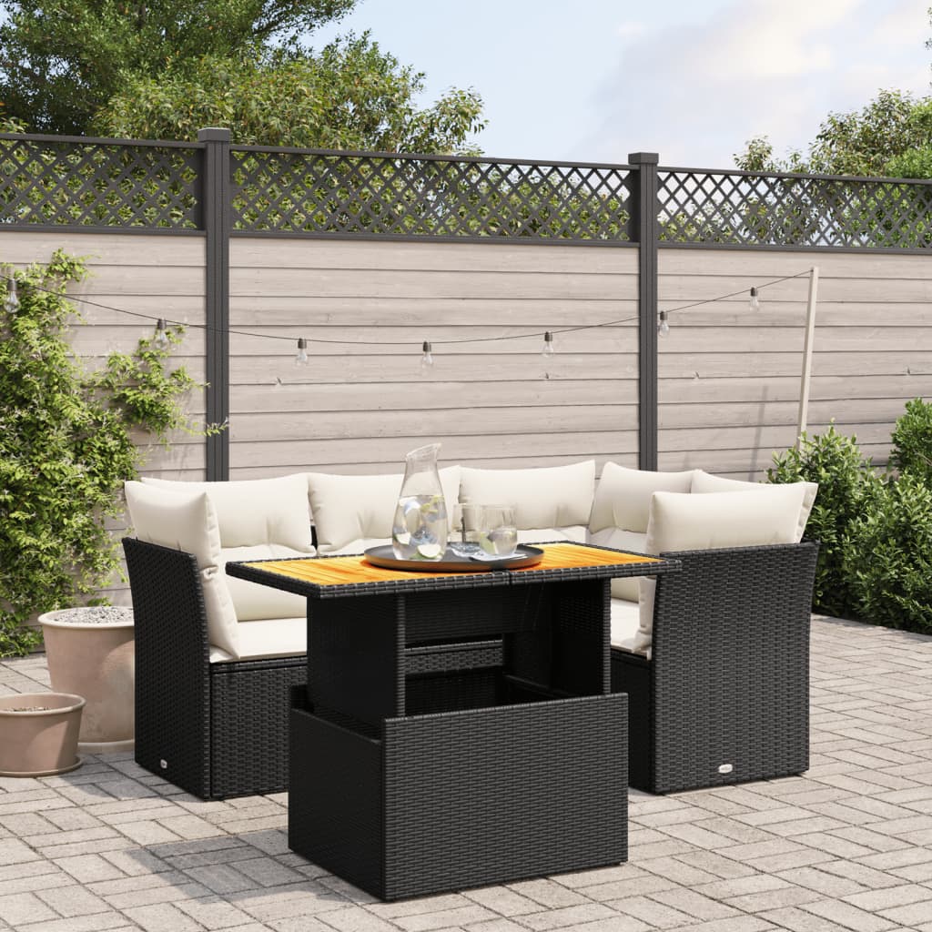 vidaXL 5-tlg. Garten-Sofagarnitur mit Kissen Schwarz Poly Rattan