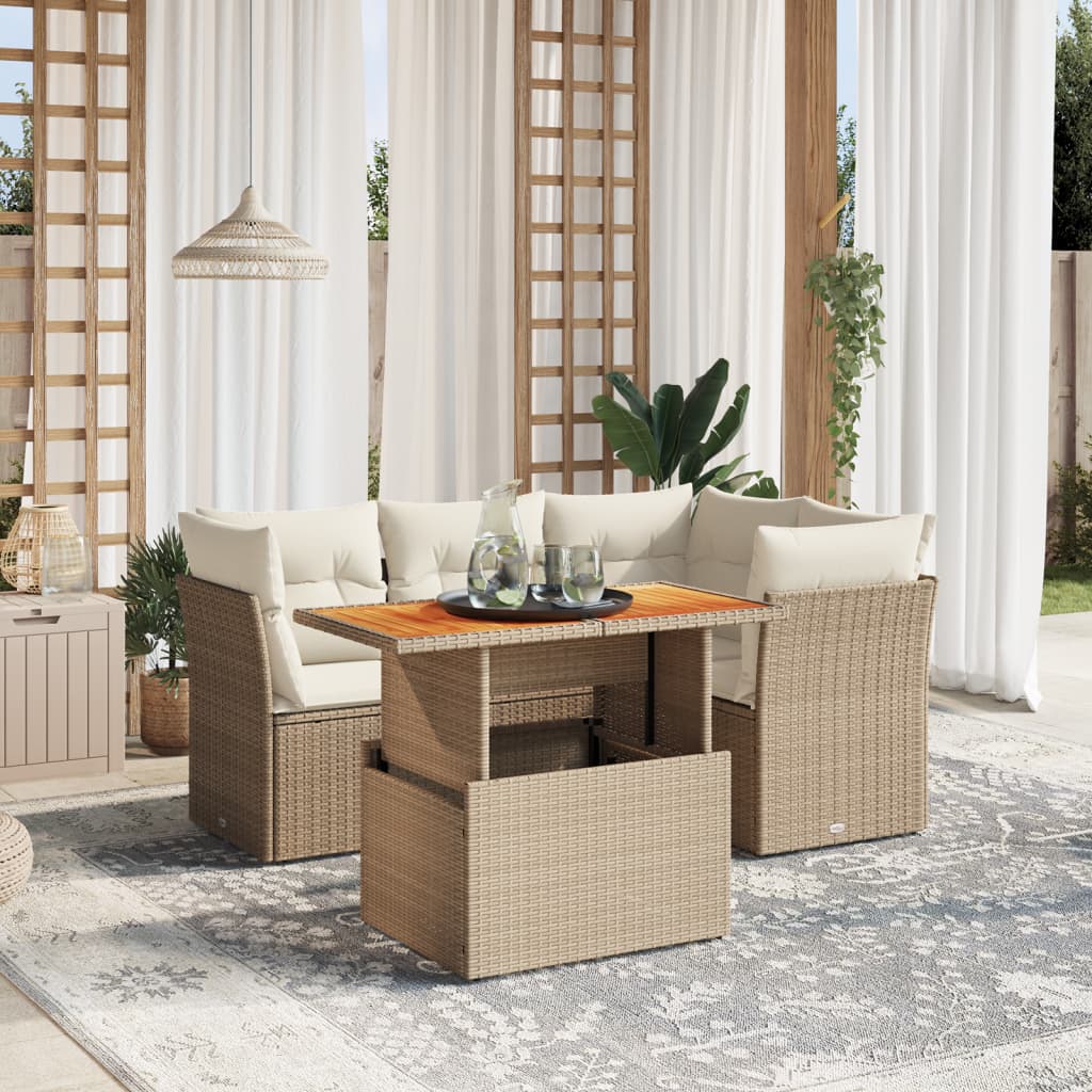 vidaXL 5-tlg. Garten-Sofagarnitur mit Kissen Beige Poly Rattan