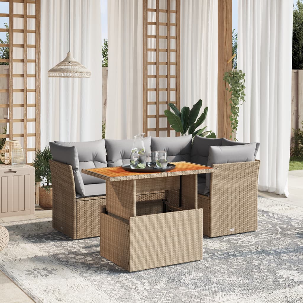 vidaXL 5-tlg. Garten-Sofagarnitur mit Kissen Beige Poly Rattan