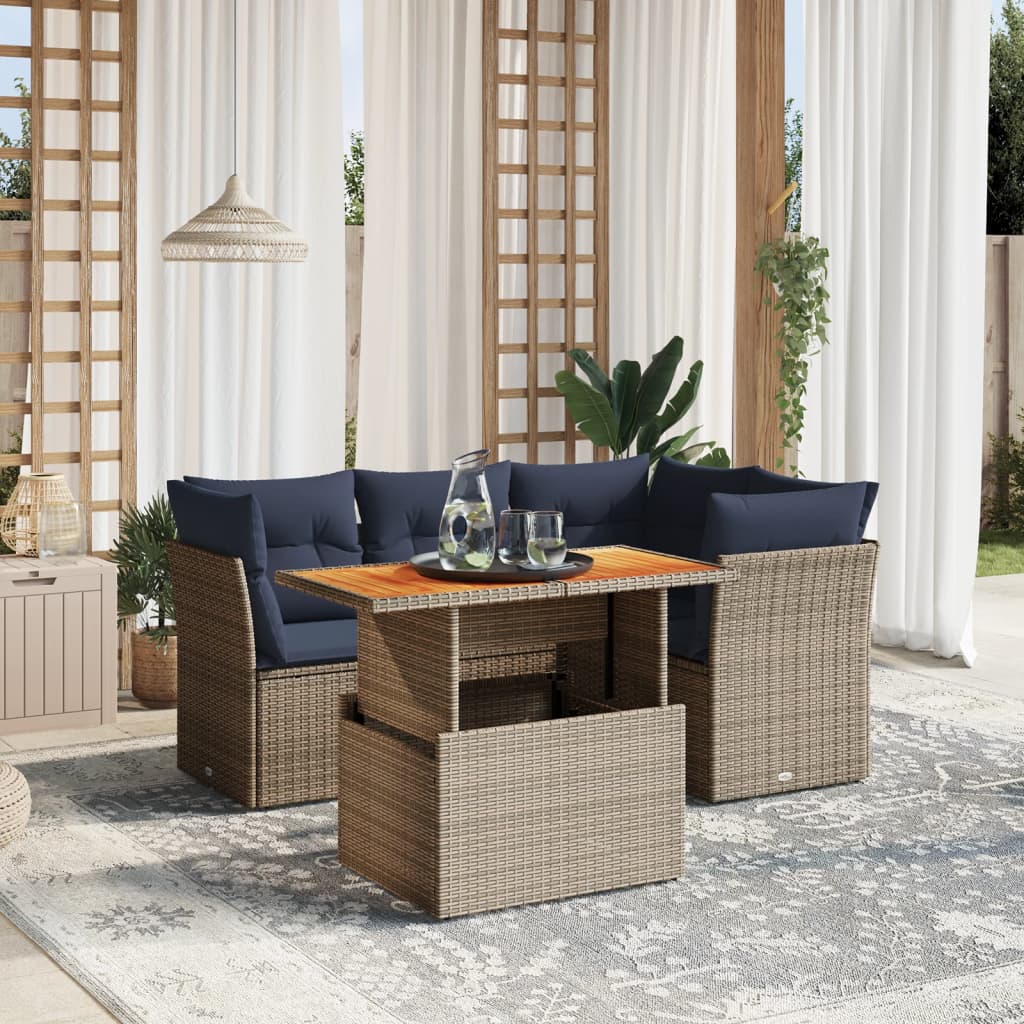 5 Piece Patio Sofa Set with Cushions Gray Poly Rattan