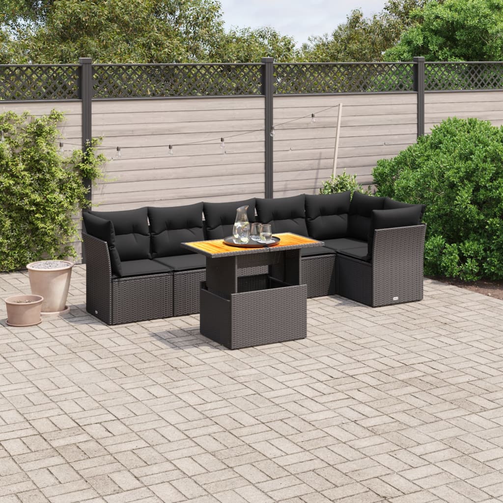 7-tlg. Garten-Sofagarnitur mit Kissen Schwarz Poly Rattan