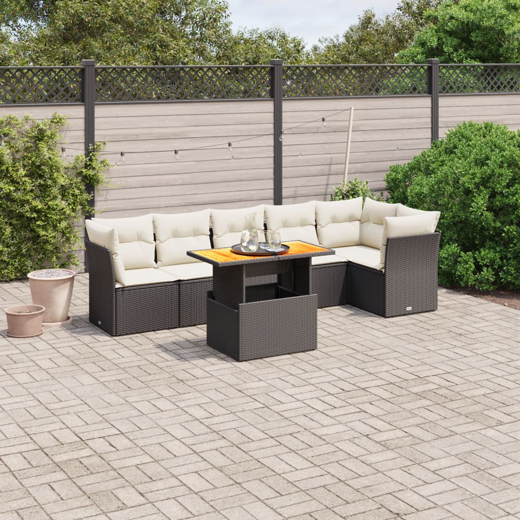 vidaXL 7-tlg. Garten-Sofagarnitur mit Kissen Schwarz Poly Rattan