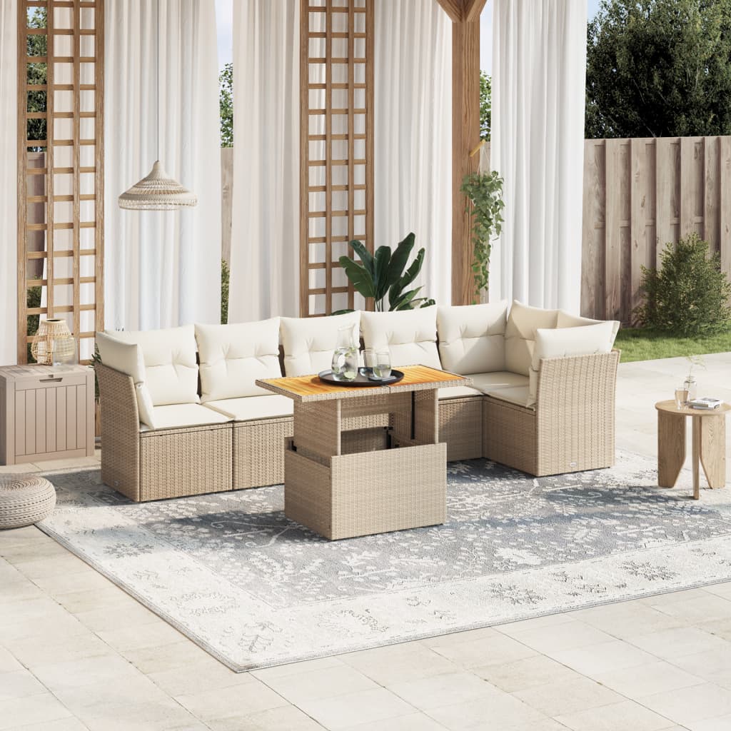 vidaXL 7-tlg. Garten-Sofagarnitur mit Kissen Beige Poly Rattan