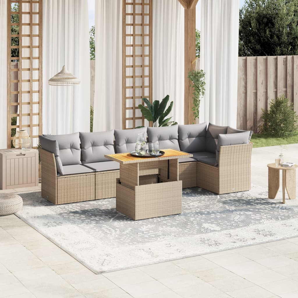 vidaXL 7-tlg. Garten-Sofagarnitur mit Kissen Beige Poly Rattan