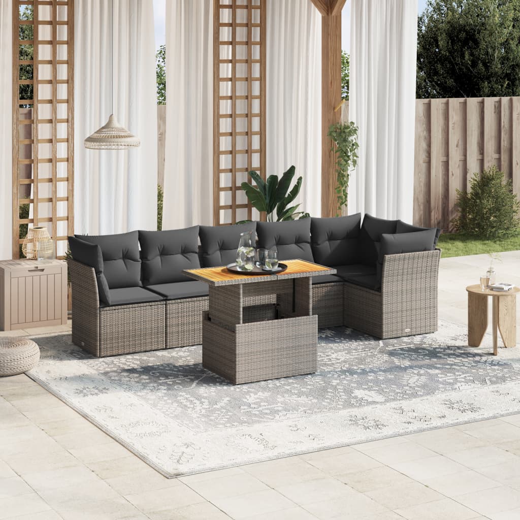 vidaXL 7-tlg. Garten-Sofagarnitur mit Kissen Grau Poly Rattan