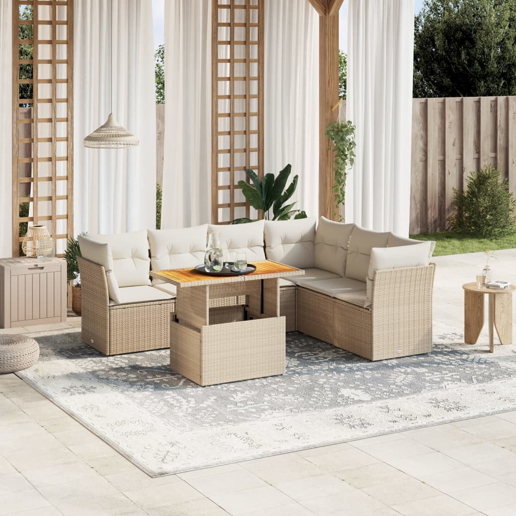 vidaXL 7-tlg. Garten-Sofagarnitur mit Kissen Beige Poly Rattan