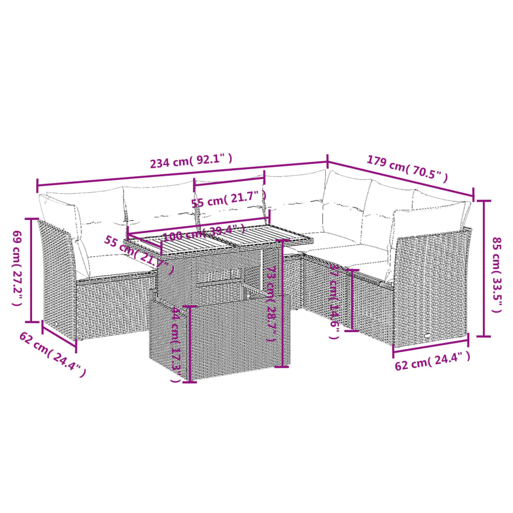 vidaXL 7-delige Loungeset met kussens poly rattan grijs afbeelding