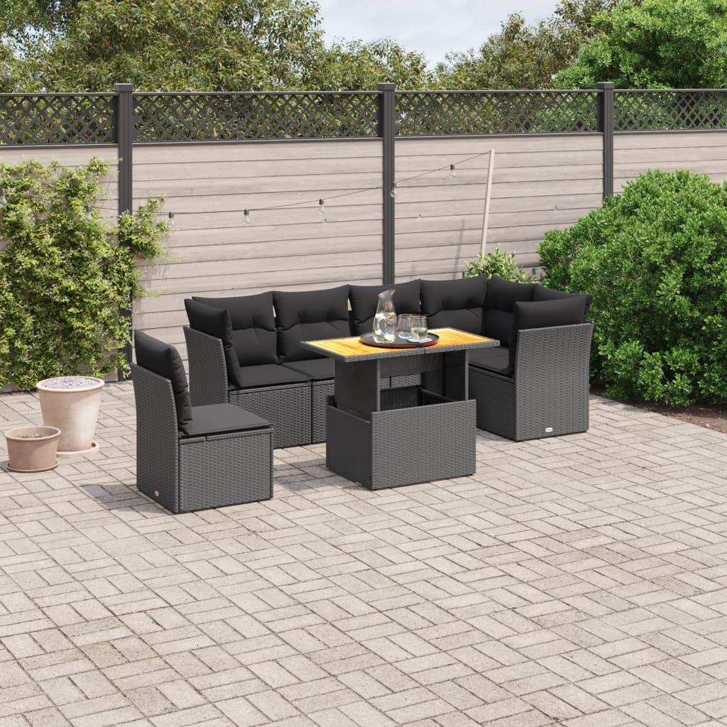 vidaXL 7-tlg. Garten-Sofagarnitur mit Kissen Schwarz Poly Rattan