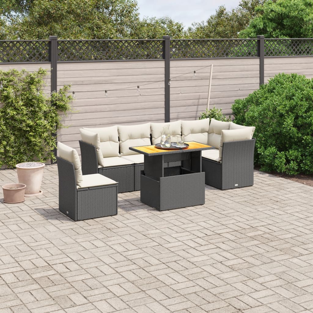 vidaXL 7-tlg. Garten-Sofagarnitur mit Kissen Schwarz Poly Rattan