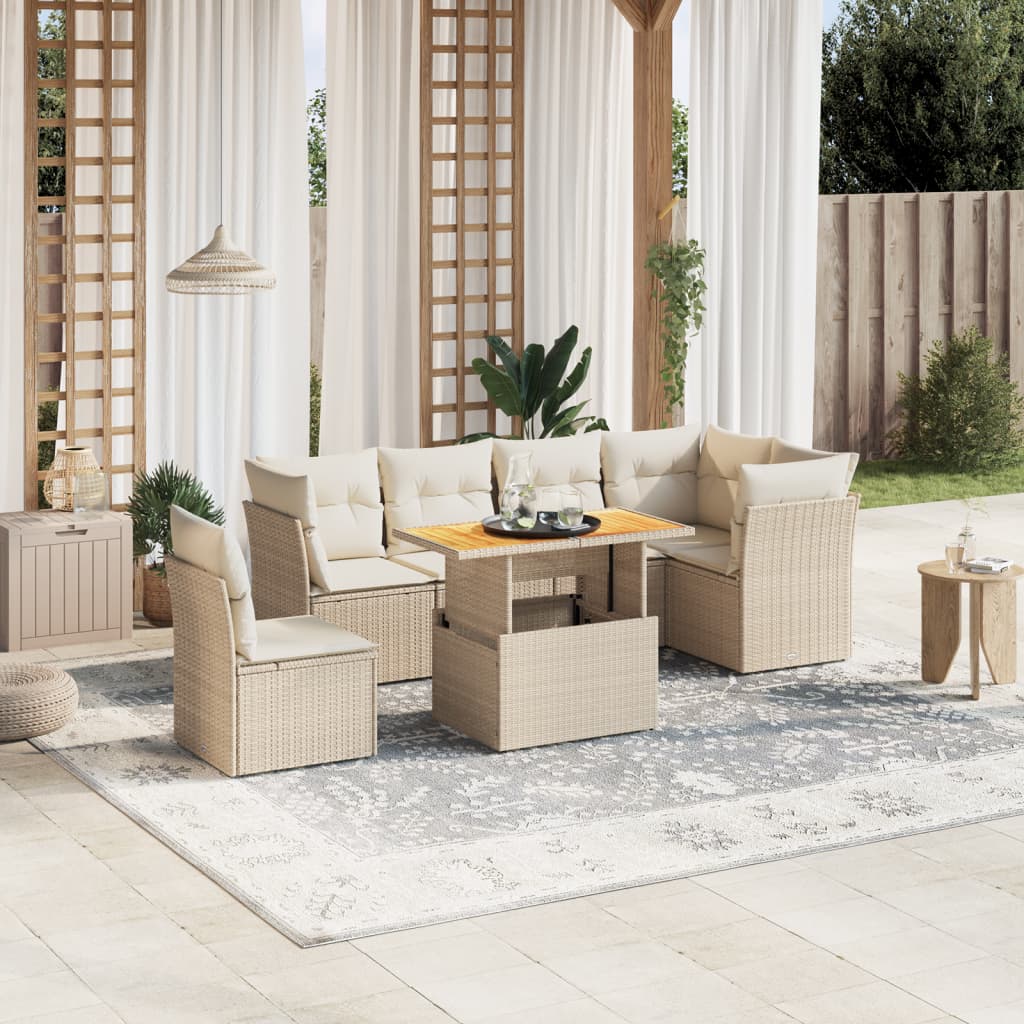 vidaXL 7-tlg. Garten-Sofagarnitur mit Kissen Beige Poly Rattan