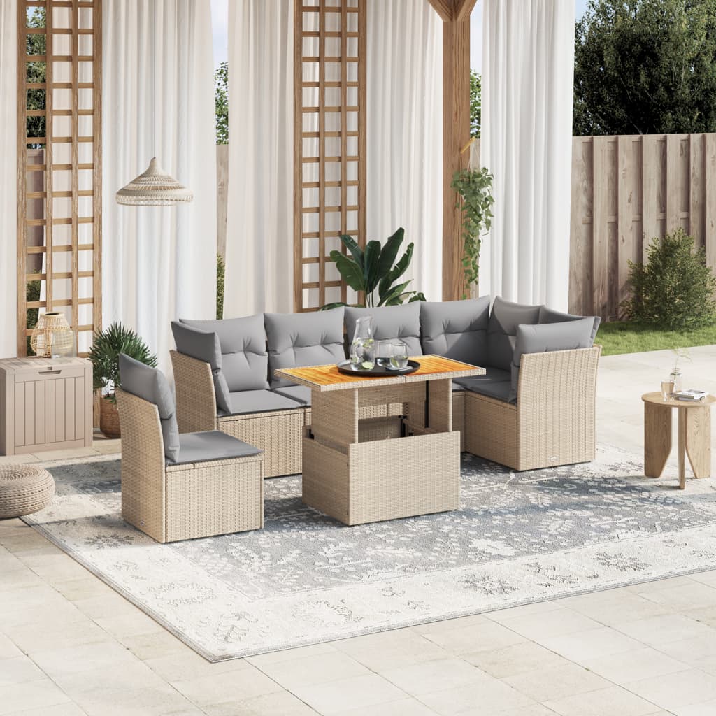 vidaXL 7-tlg. Garten-Sofagarnitur mit Kissen Beige Poly Rattan