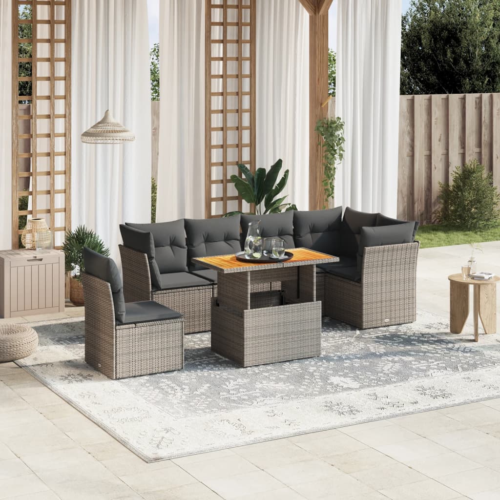 vidaXL 7-tlg. Garten-Sofagarnitur mit Kissen Grau Poly Rattan