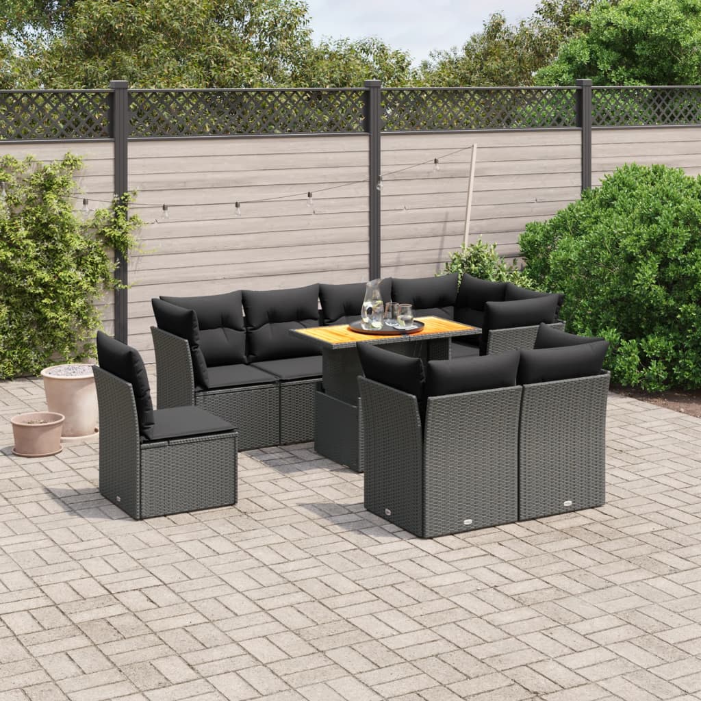 vidaXL 9-tlg. Garten-Sofagarnitur mit Kissen Schwarz Poly Rattan