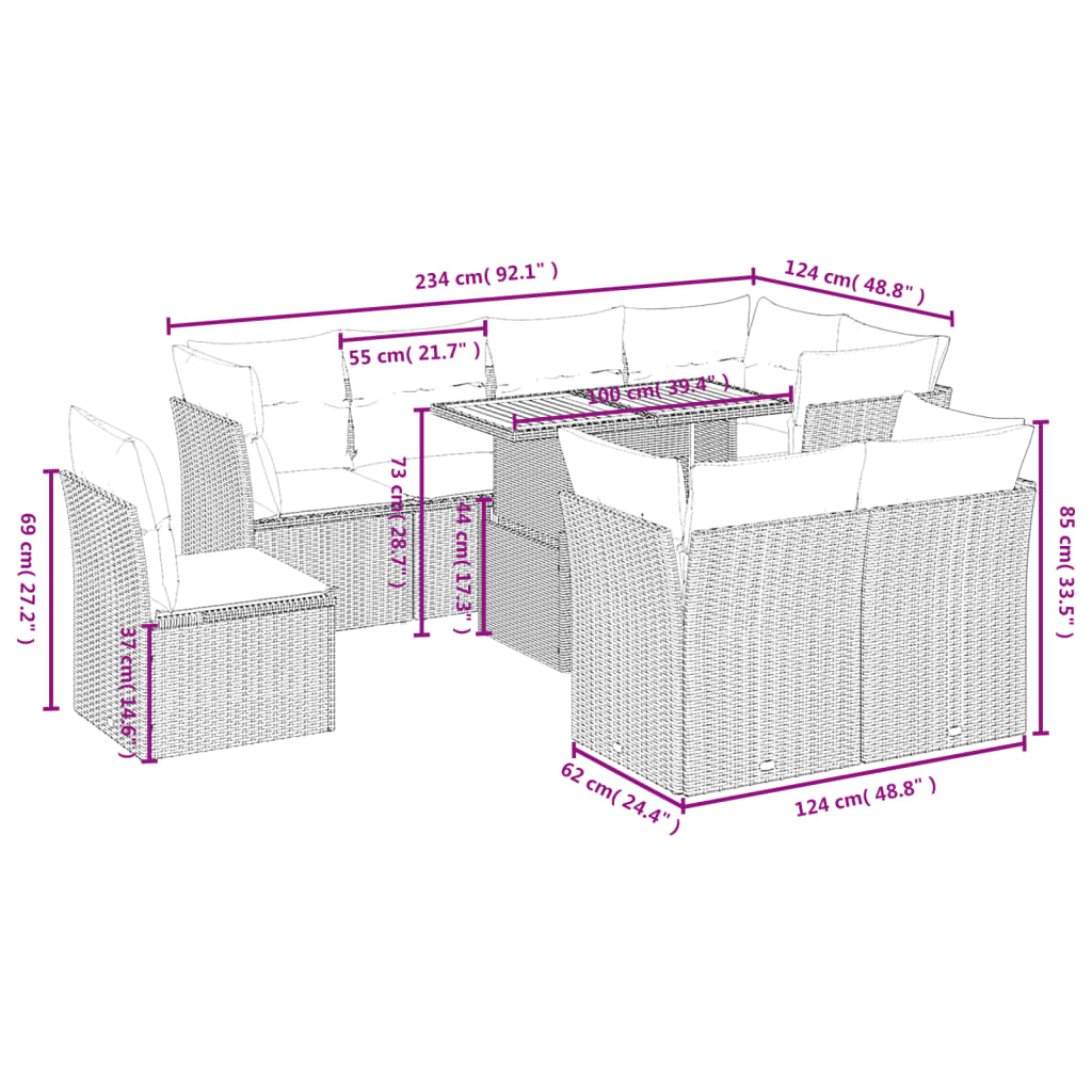 vidaXL 9-delige Loungeset met kussens poly rattan zwart afbeelding