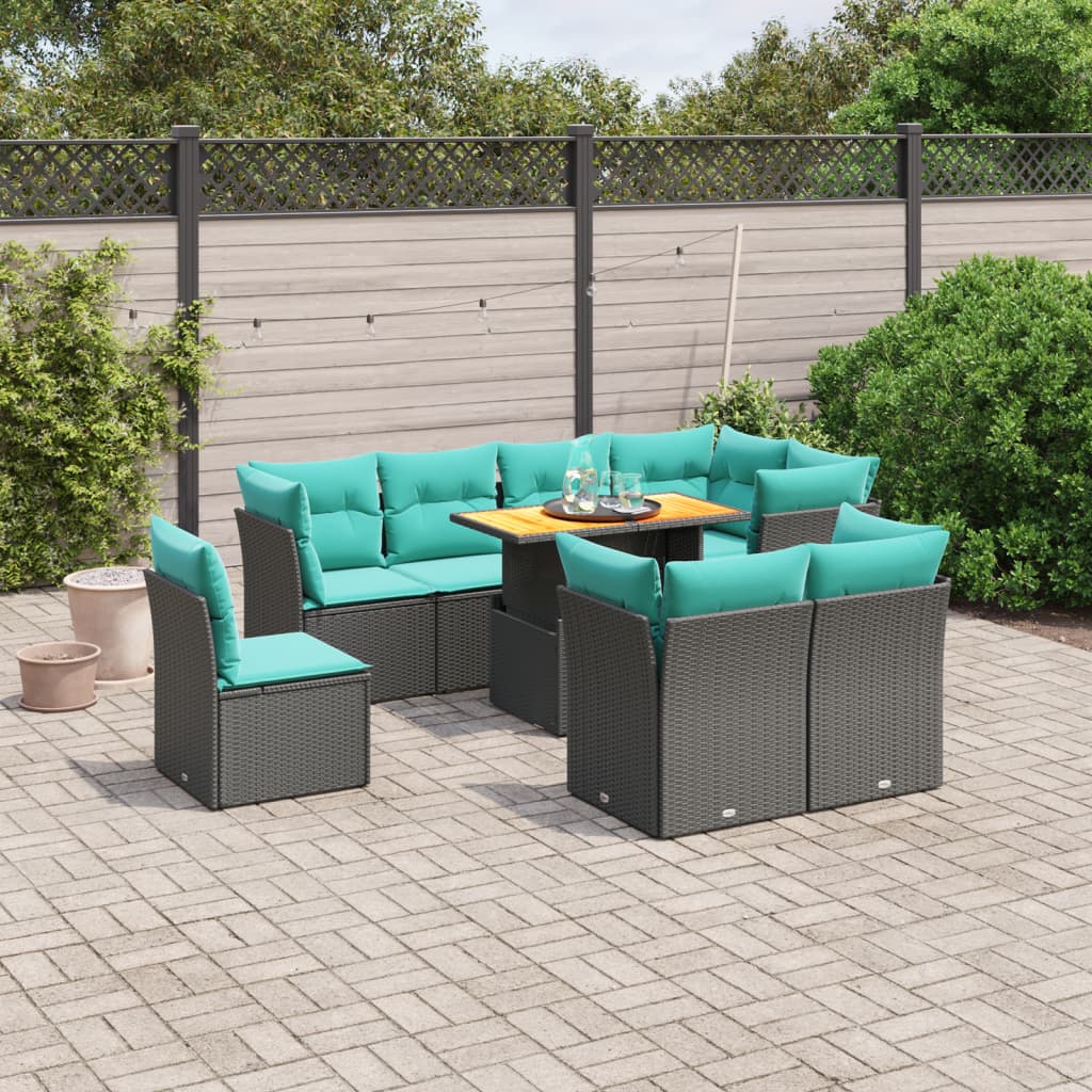 9 pcs conjunto de sofás p/ jardim c/ almofadões vime PE preto