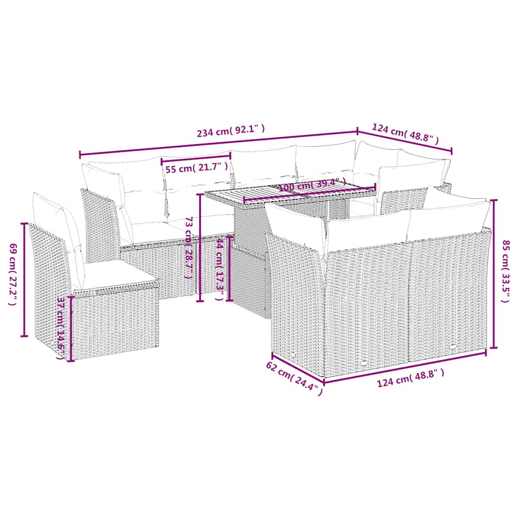 vidaXL 9-delige Loungeset met kussens poly rattan beige afbeelding