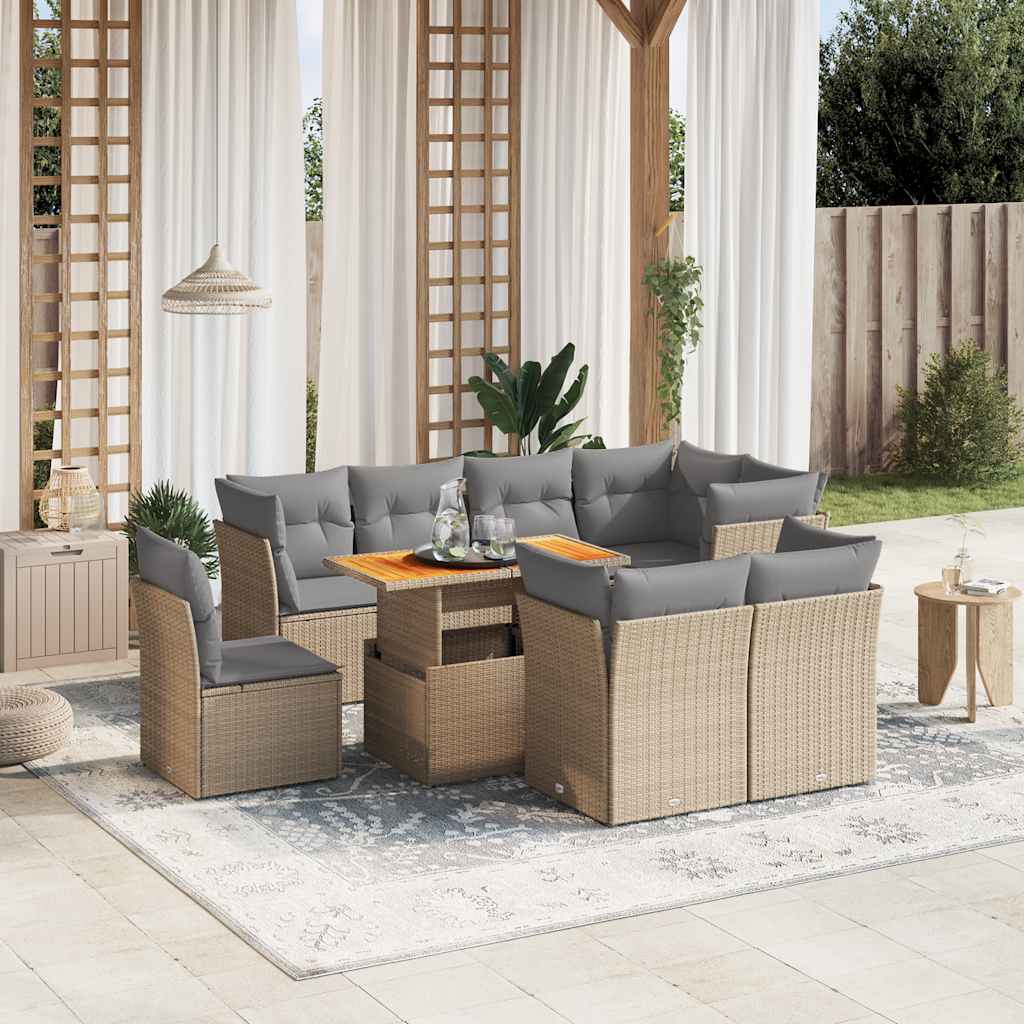 vidaXL Set canapele de grădină, 9 piese, cu perne, bej, poliratan