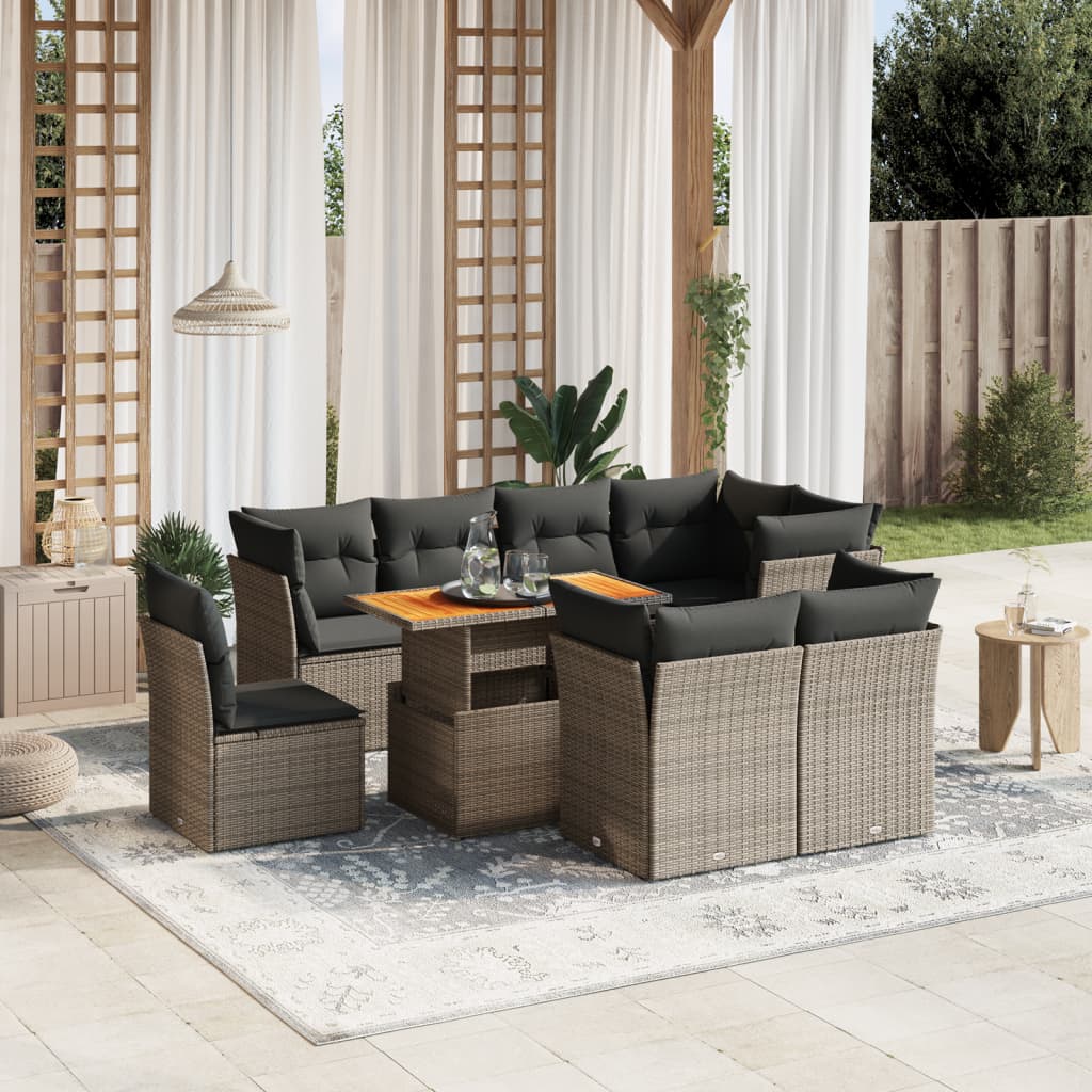 vidaXL 9-tlg. Garten-Sofagarnitur mit Kissen Grau Poly Rattan