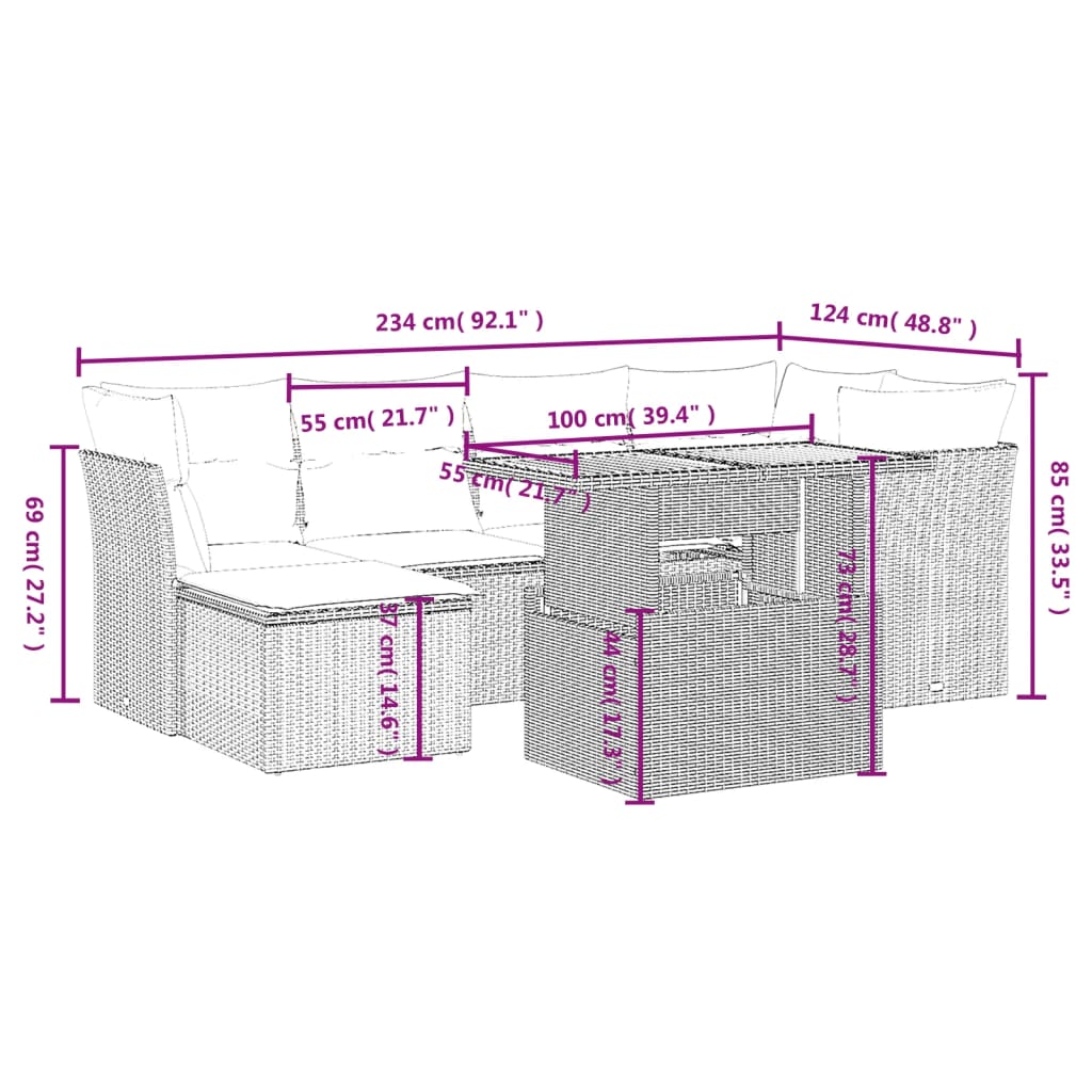 vidaXL 7-delige Loungeset met kussens poly rattan zwart afbeelding