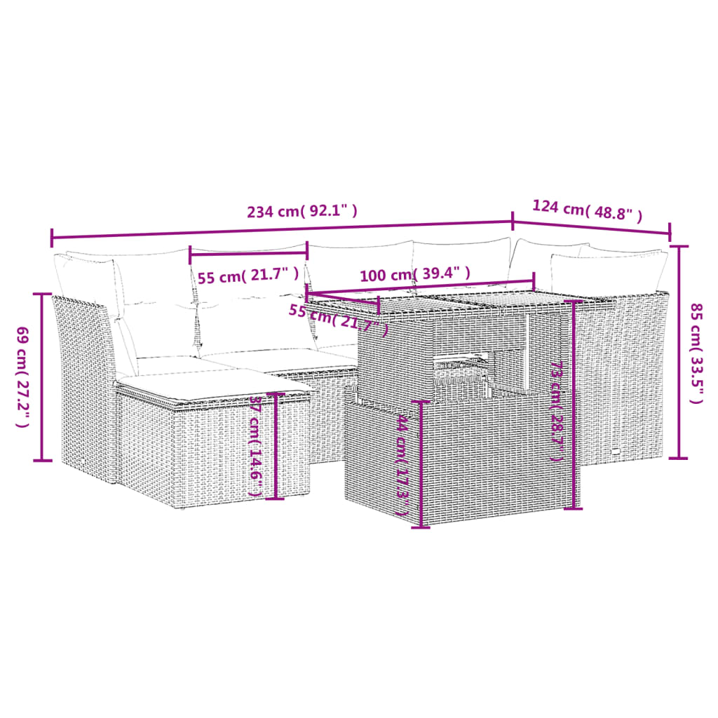 vidaXL 7-delige Loungeset met kussens poly rattan zwart afbeelding