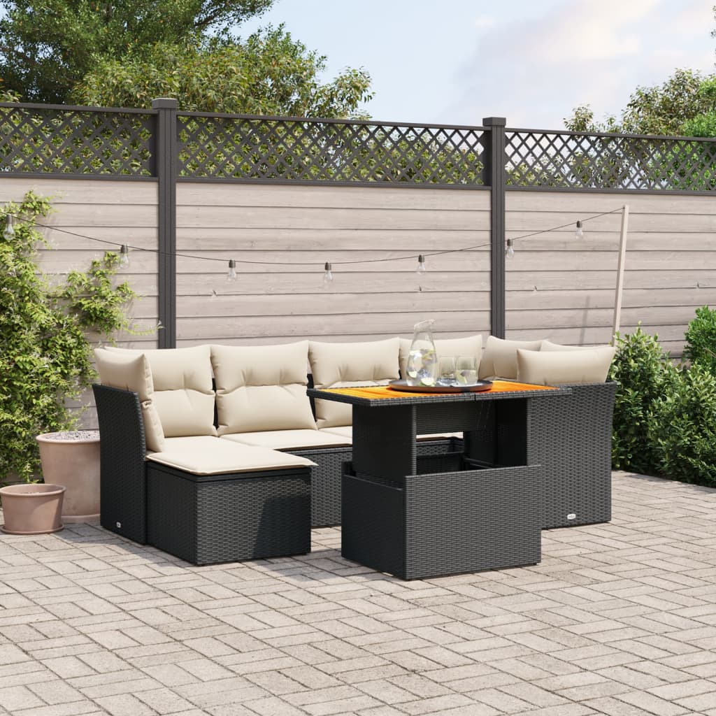 vidaXL 7-tlg. Garten-Sofagarnitur mit Kissen Schwarz Poly Rattan