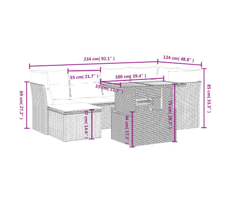 vidaXL 7-tlg. Garten-Sofagarnitur mit Kissen Beige Poly Rattan