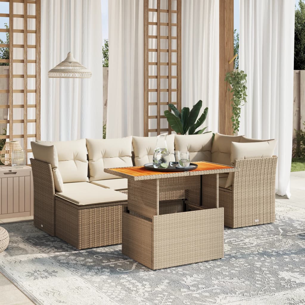 vidaXL 7-tlg. Garten-Sofagarnitur mit Kissen Beige Poly Rattan