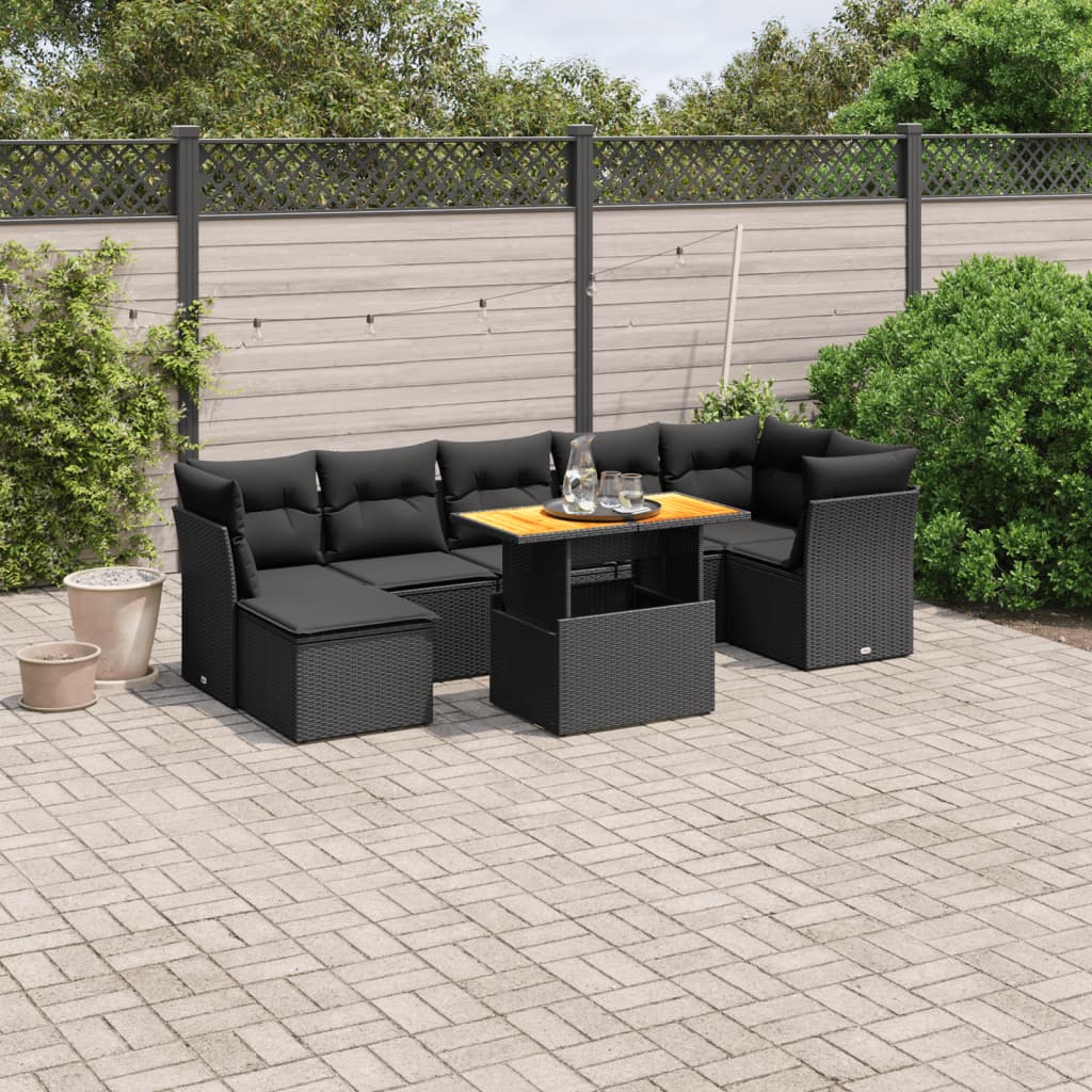 8-tlg. Garten-Sofagarnitur mit Kissen Schwarz Poly Rattan