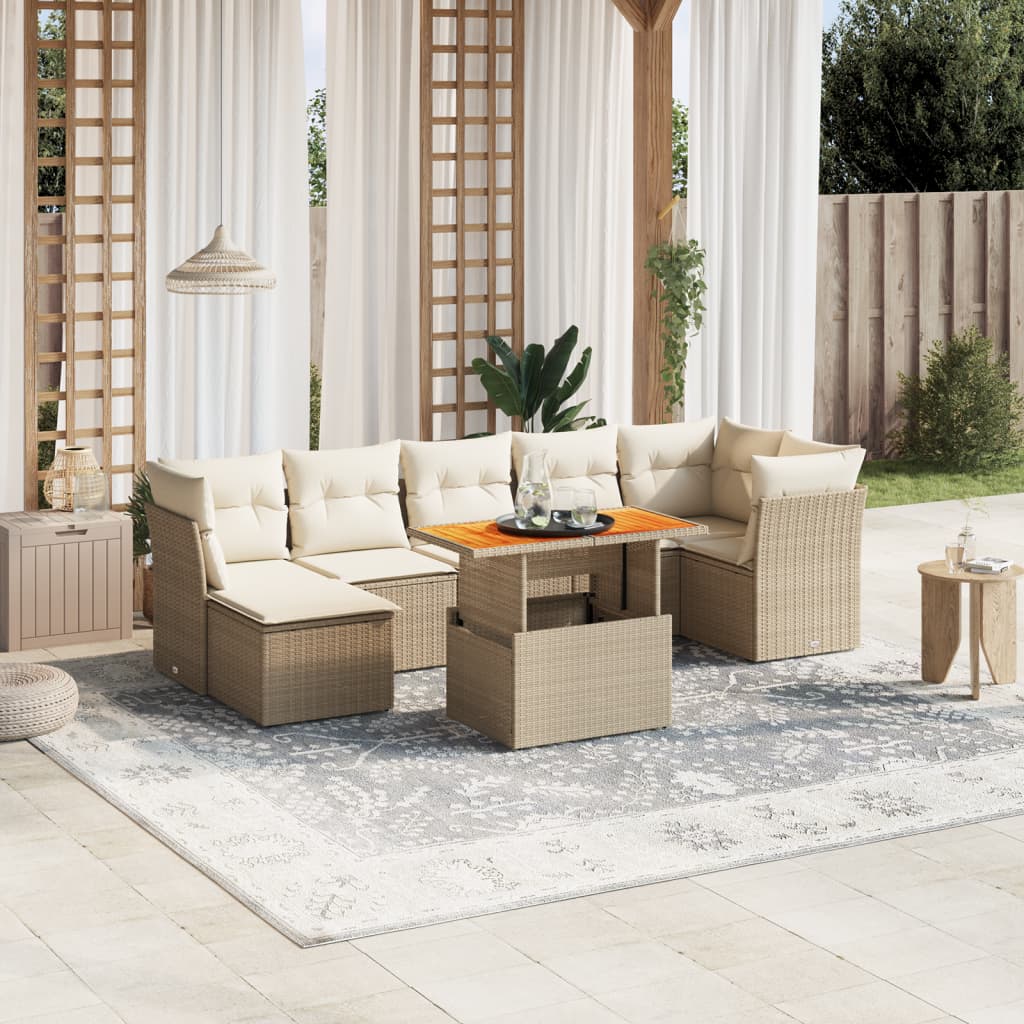 vidaXL 8-tlg. Garten-Sofagarnitur mit Kissen Beige Poly Rattan