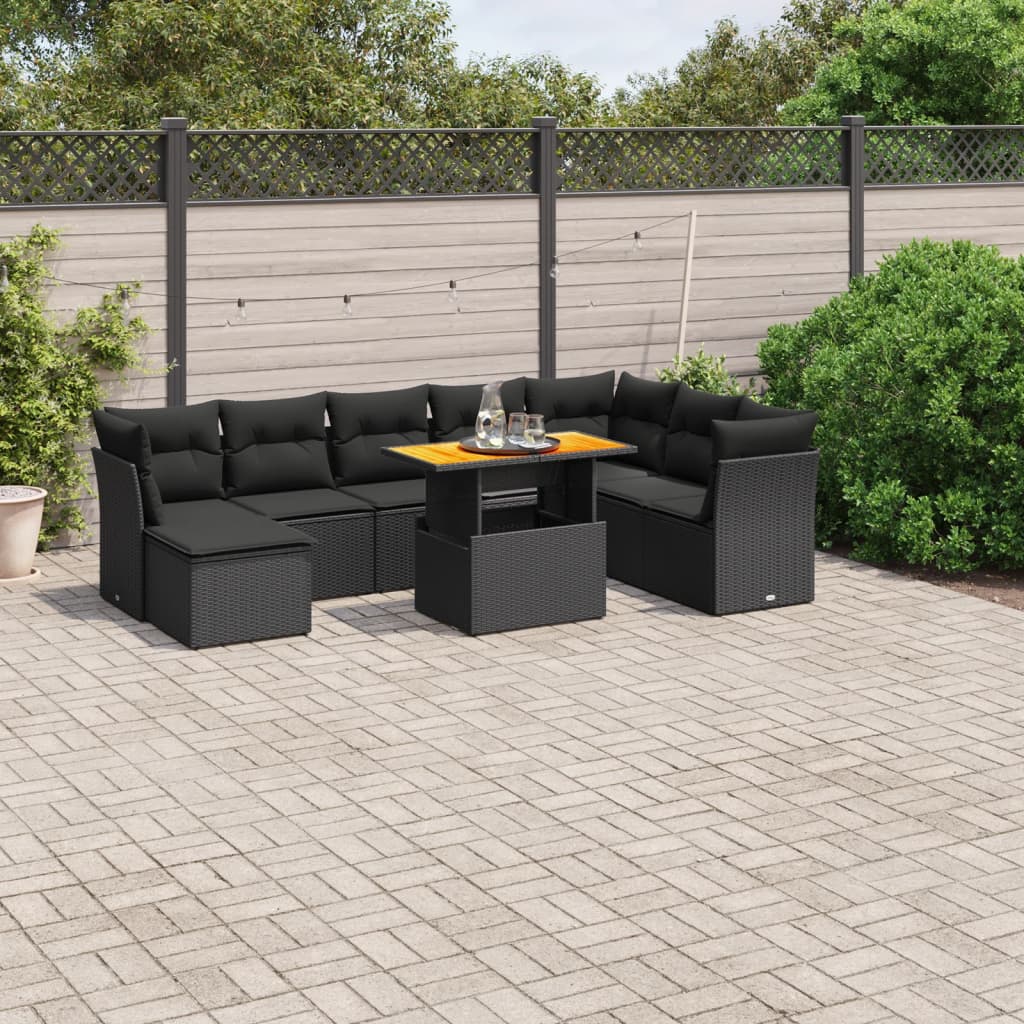 vidaXL 9-tlg. Garten-Sofagarnitur mit Kissen Schwarz Poly Rattan