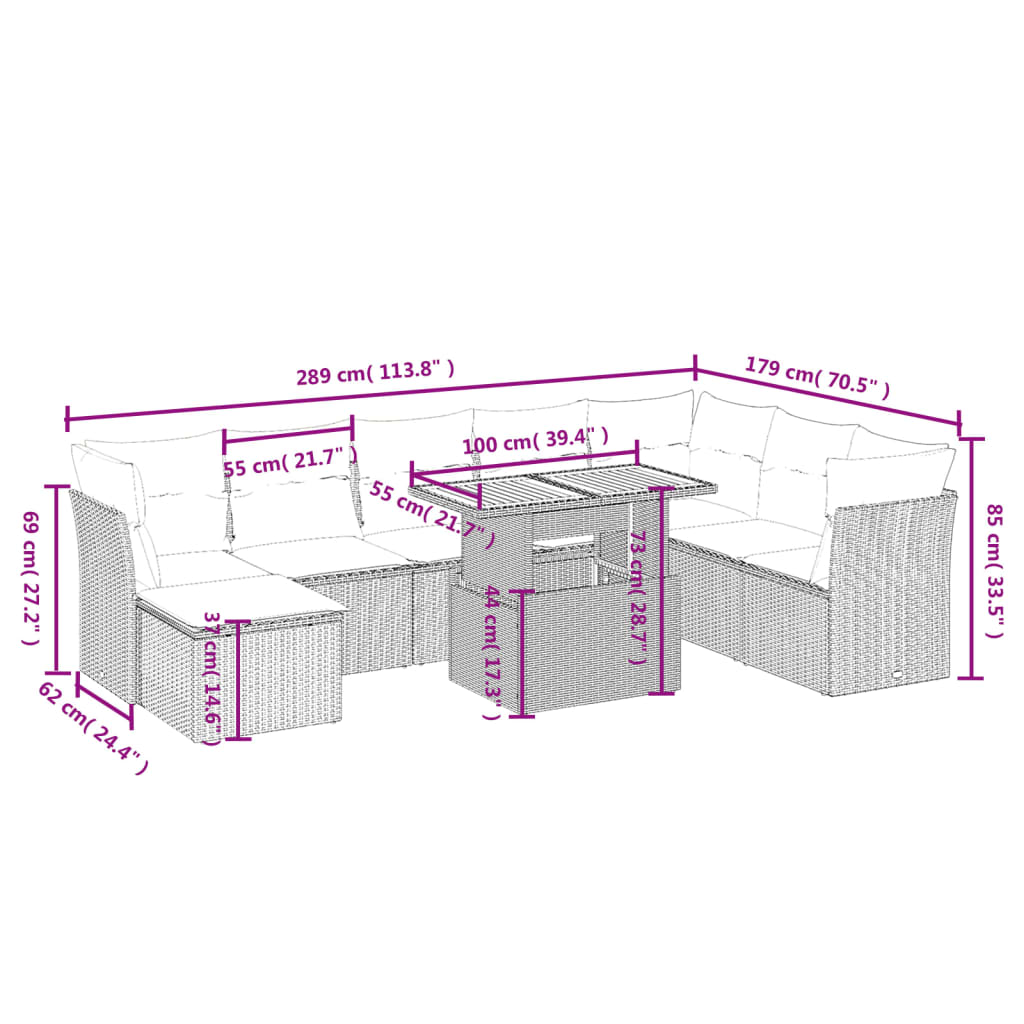 vidaXL 9-delige Loungeset met kussens poly rattan beige afbeelding