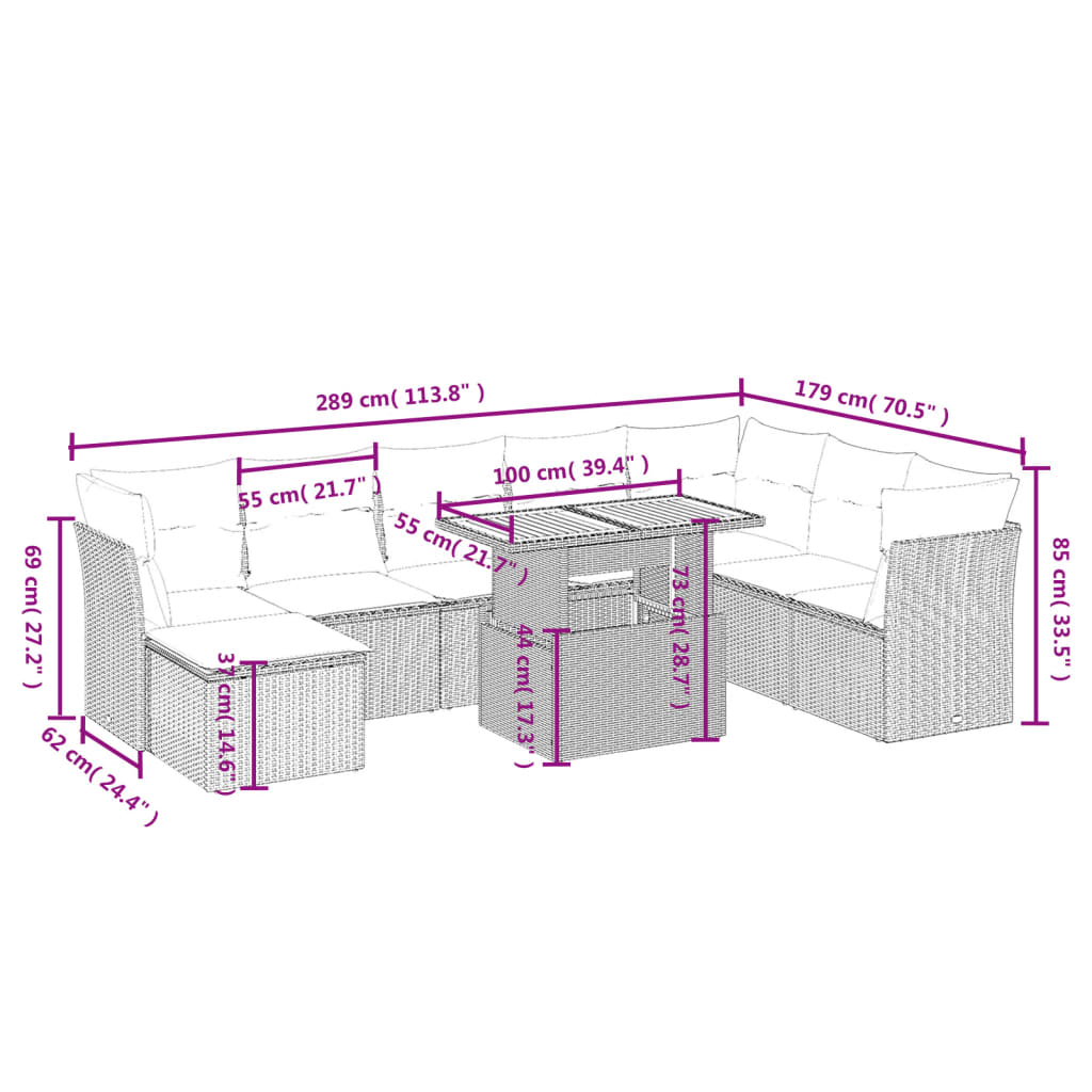 Set canapele de grădină, 9 piese, cu perne, bej, poliratan 3270975 - imagine 3