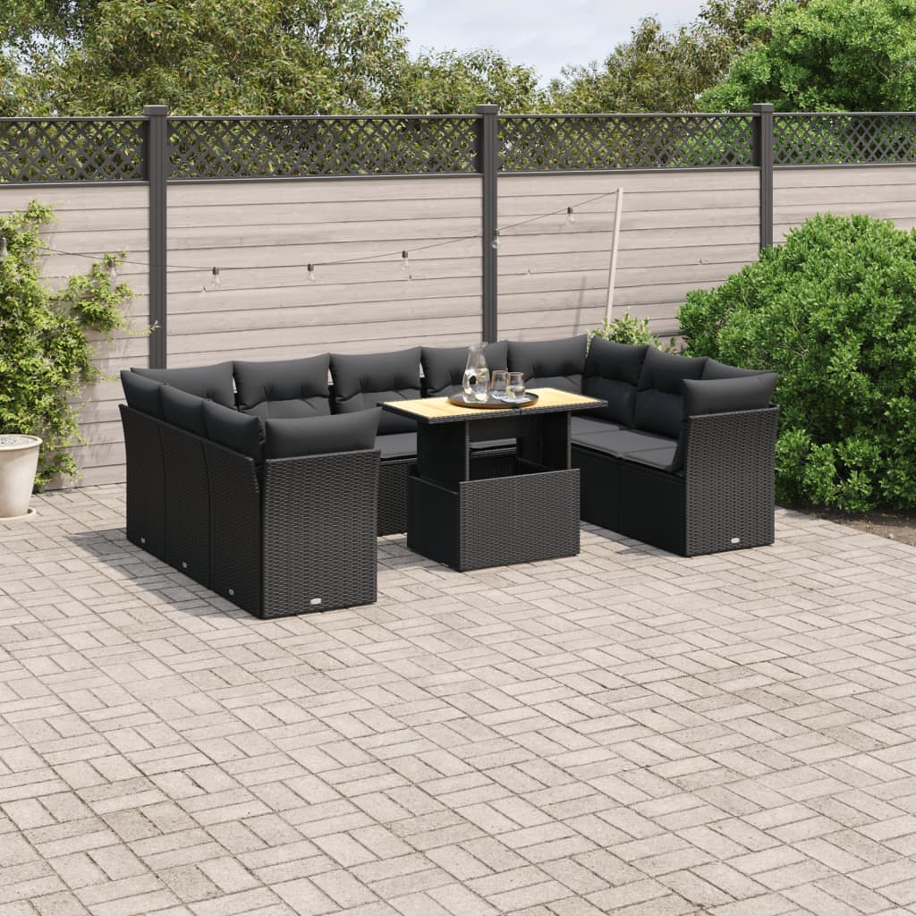 vidaXL 10-tlg. Garten-Sofagarnitur mit Kissen Schwarz Poly Rattan