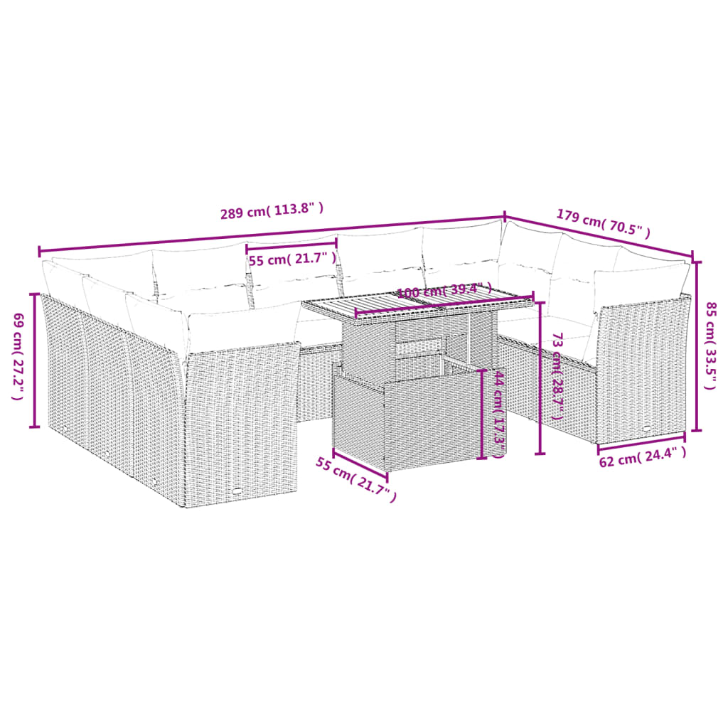 vidaXL 10-delige Loungeset met kussens poly rattan beige afbeelding
