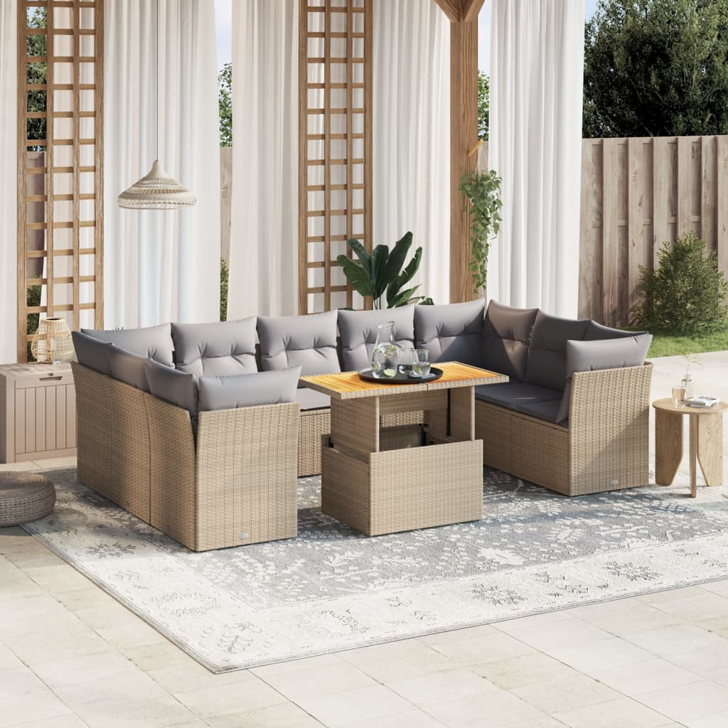 vidaXL 10-tlg. Garten-Sofagarnitur mit Kissen Beige Poly Rattan