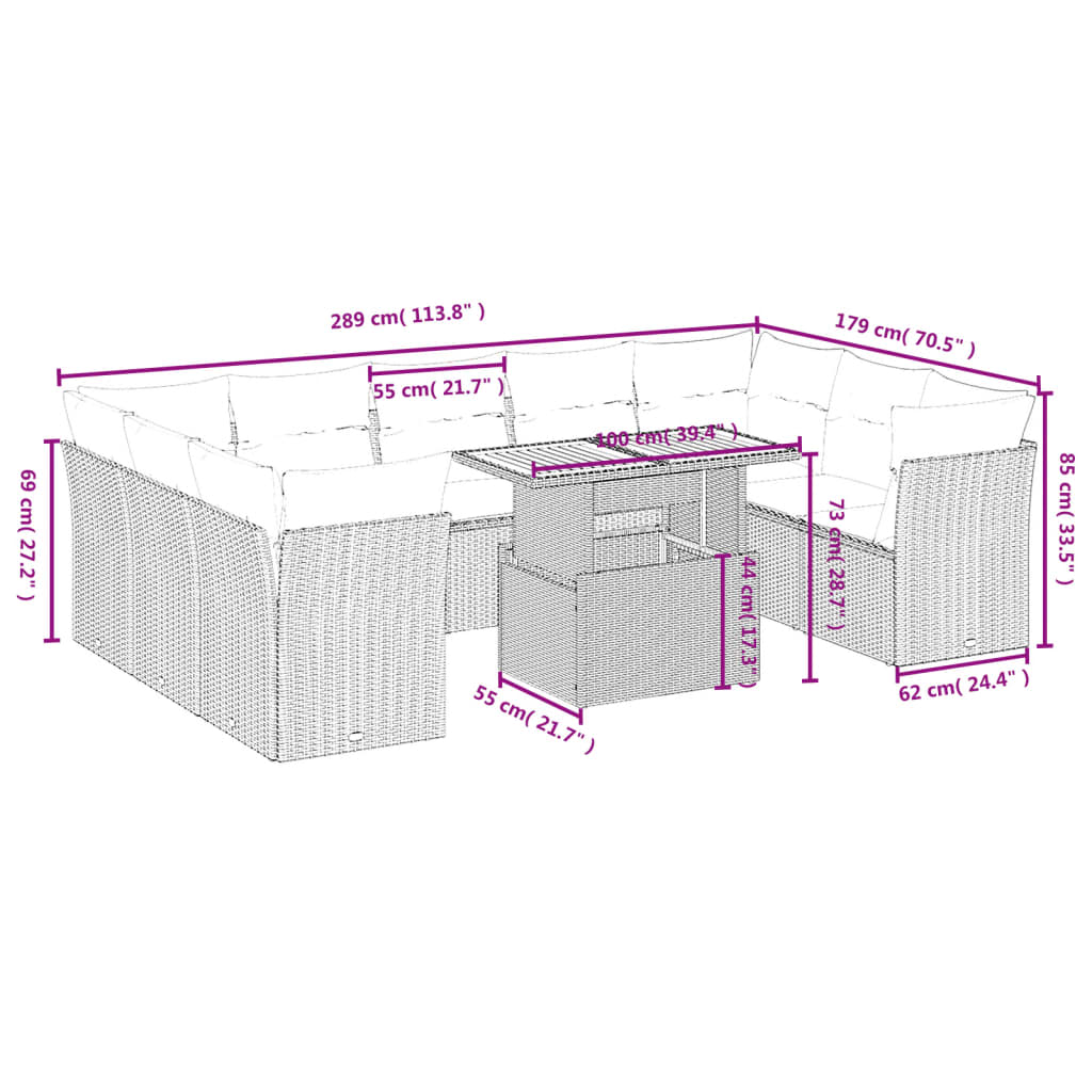 vidaXL 10-delige Loungeset met kussens poly rattan grijs afbeelding