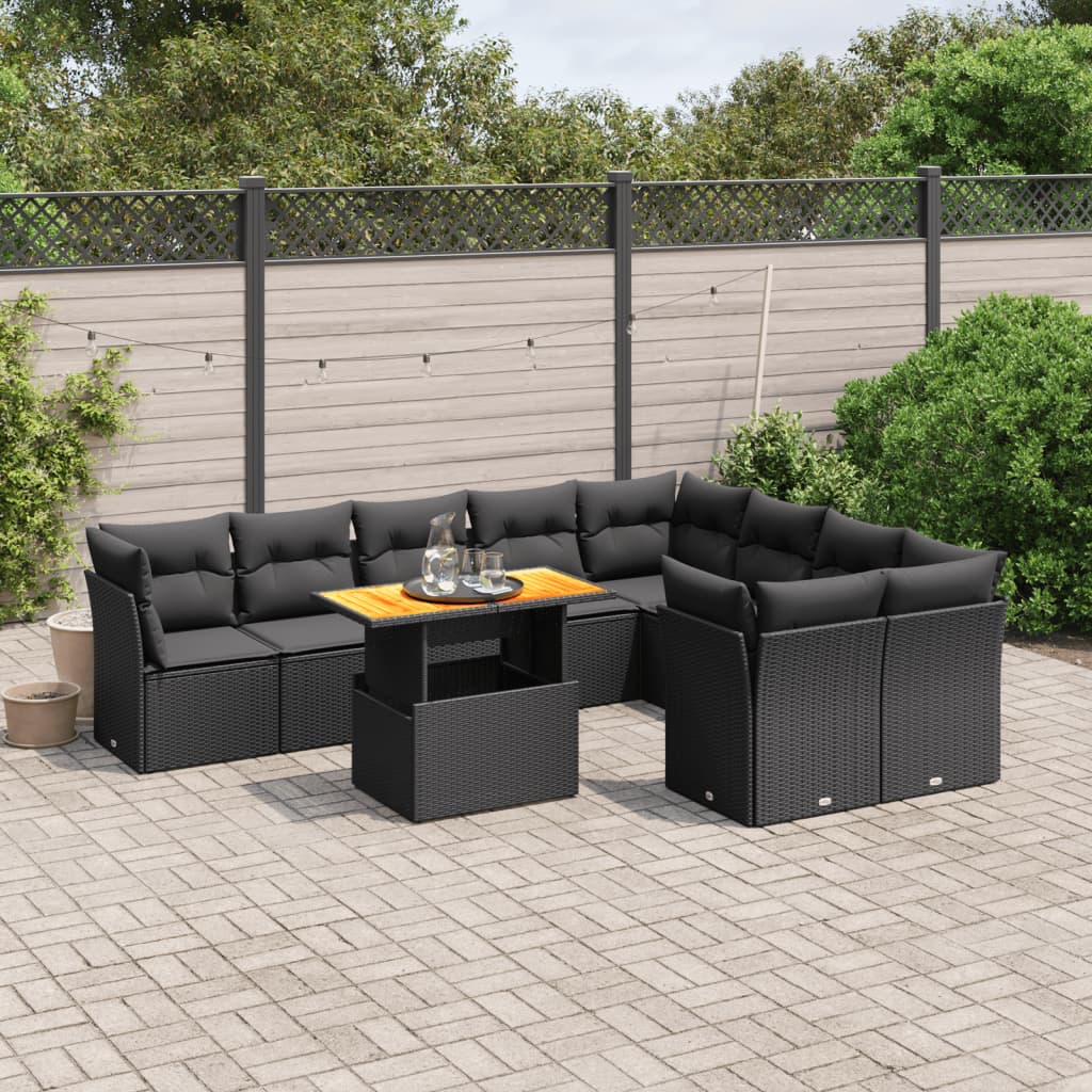 vidaXL 10-tlg. Garten-Sofagarnitur mit Kissen Schwarz Poly Rattan