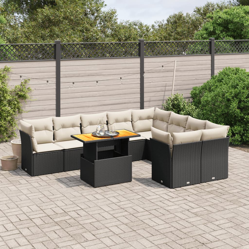 vidaXL 10-tlg. Garten-Sofagarnitur mit Kissen Schwarz Poly Rattan