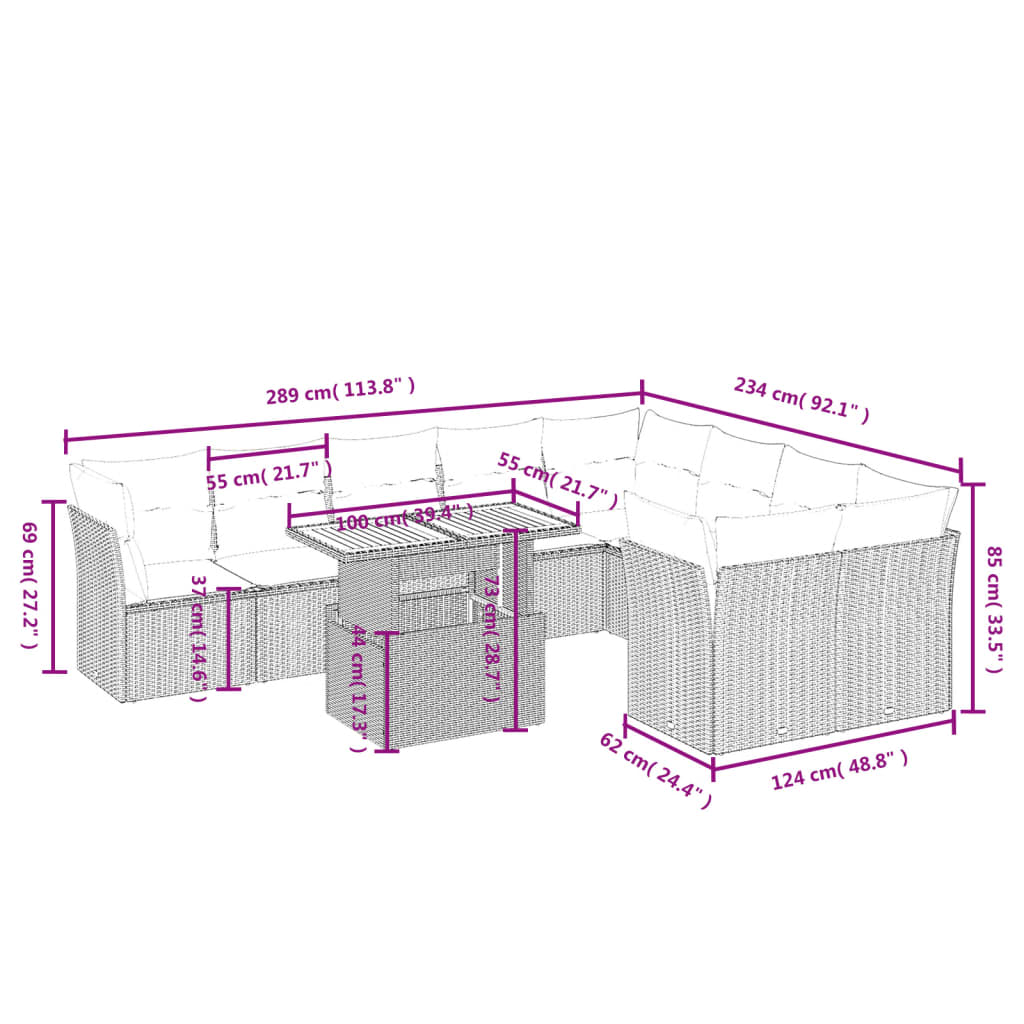 vidaXL 10-delige Loungeset met kussens poly rattan grijs afbeelding