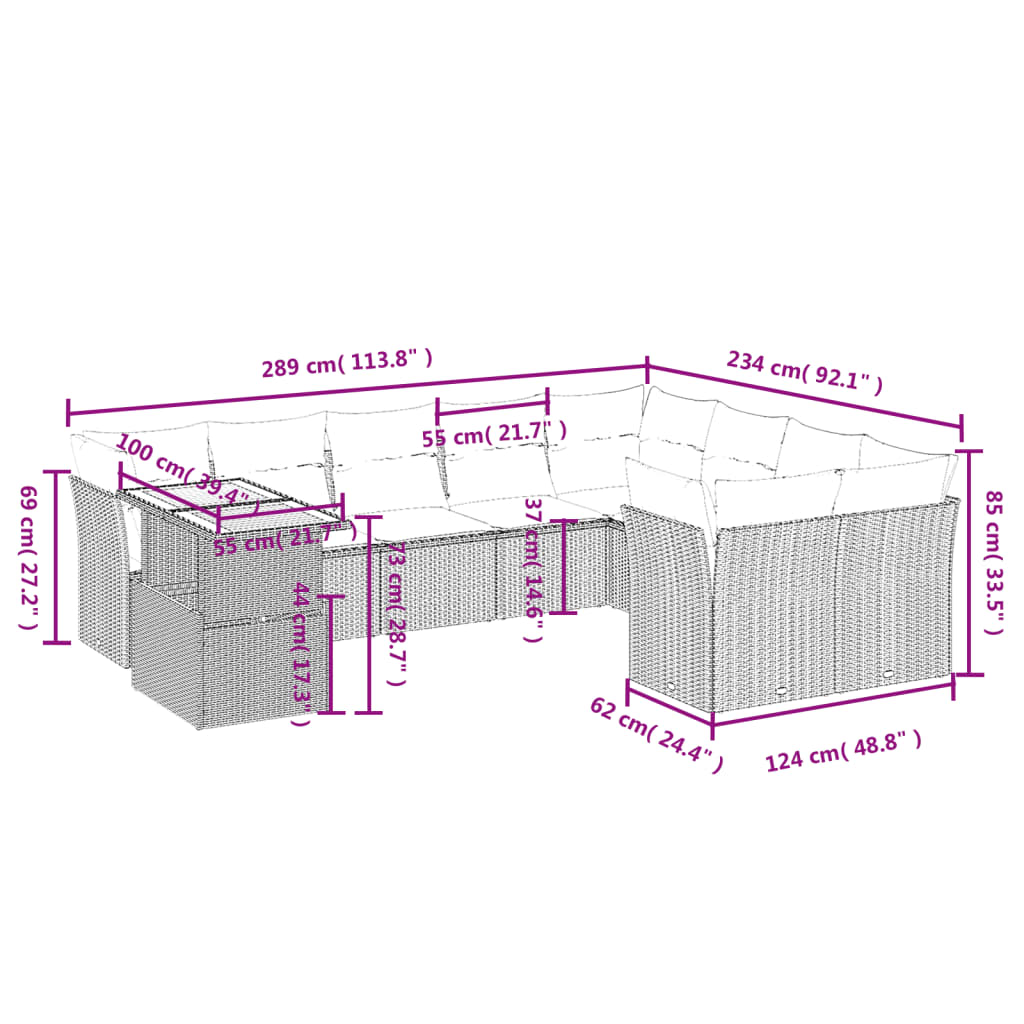 vidaXL 10-delige Loungeset met kussens poly rattan zwart afbeelding